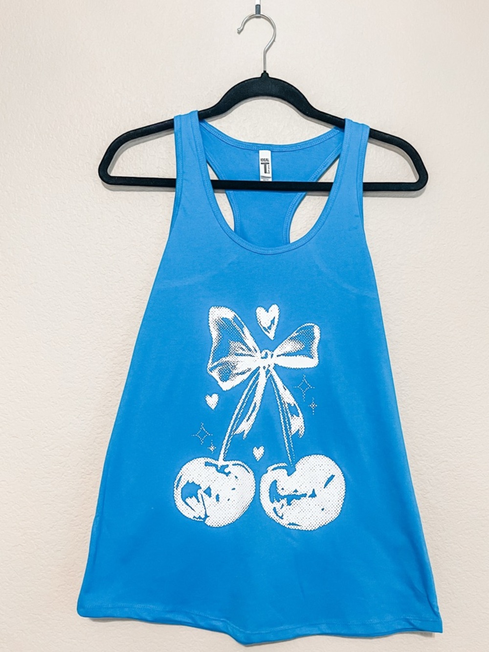 Bella Canvas Blue Racerback Tank with White Cherry Bow Print